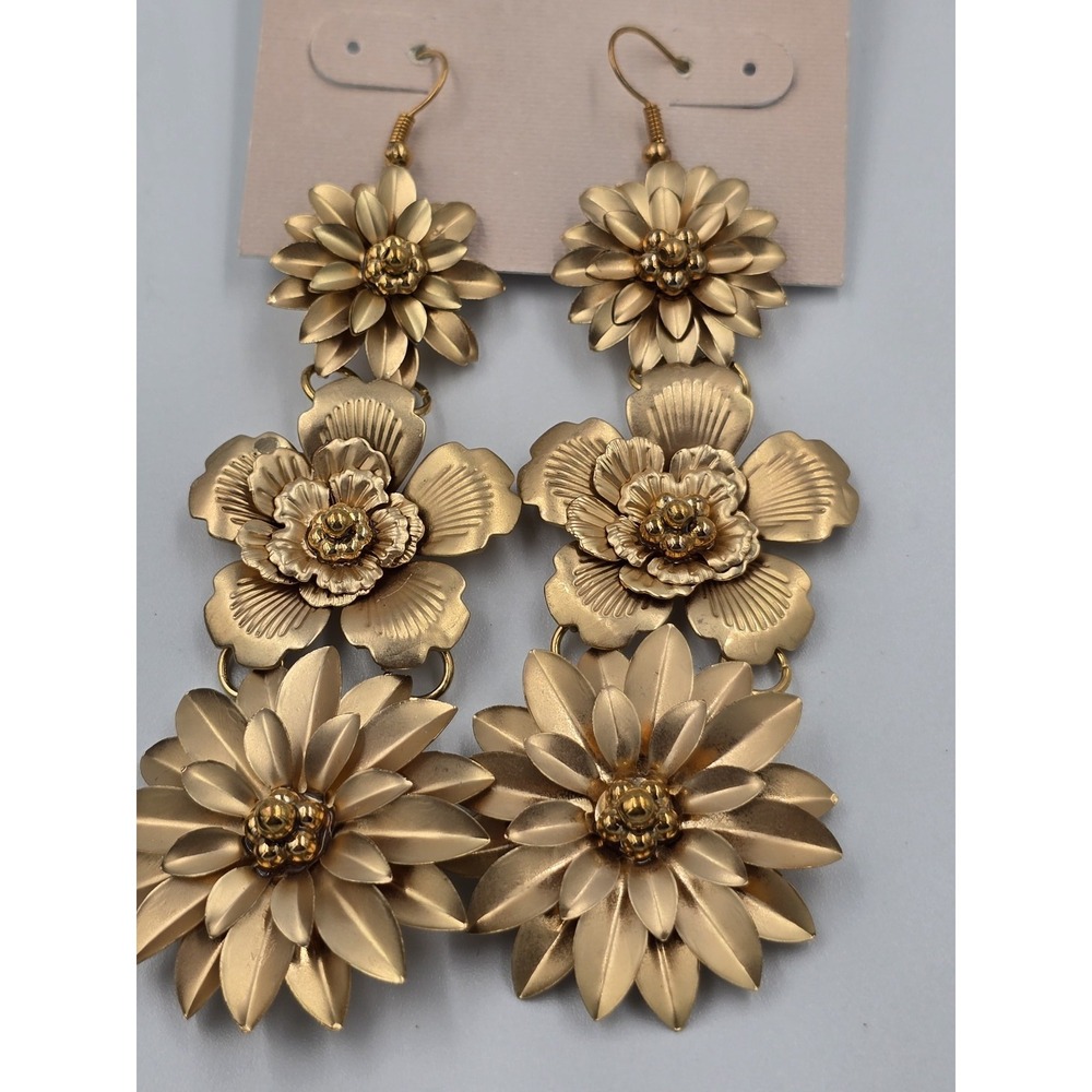 Catherine Malandrino Gold Tone Tiered Floral Dangle Drop Earrings Fashion